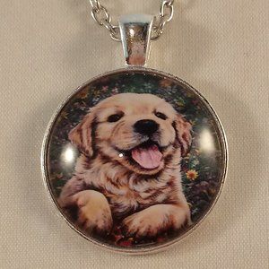 Silver Dog Golden Retriever Puppy Cabochon Pendant Chain Necklace Gift